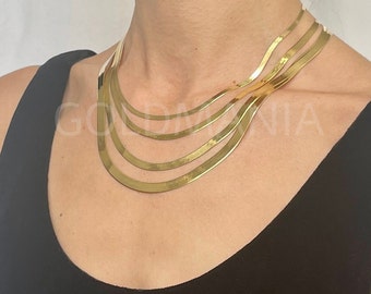 14K Solid Yellow Gold Herringbone Chain Necklace: Real Gold, 3mm-6mm Thick 14-24"