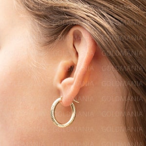 14K Yellow Gold Small Textured Oval Hoop Earrings, Real Gold Hoops, Diamond Cut Hoops, Women Gold Hoops