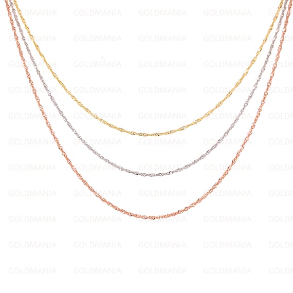 14K Solid Gold Twist Singapore Chain Necklace, 16 18 20 24, 1mm