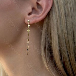 14K Solid Yellow Gold Mirror Chain Earring Set, Real Gold Earrings, Dangle Earrings, Drop Earrings, Women