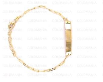 14K Yellow Gold ID Paperclip Chain Bracelet, 7" Inch, Real Gold Bracelet, Engravable Bracelet, Gold Bar Bracelet, Thin Gold Bracelet, Women