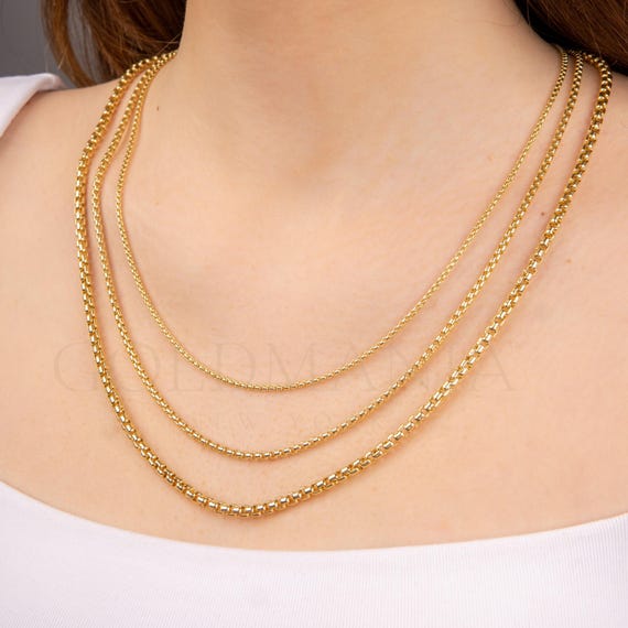 14K Solid Gold Round Box Chain Necklace (1.7mm-3.4mm) 16-24 Inch