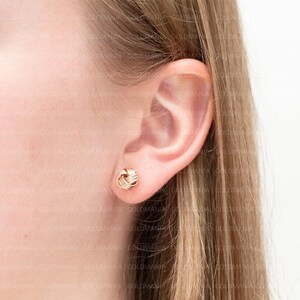 14K Yellow Gold Small Love Knot Stud Earring Set, Polished And Textured, 8 mm Thick, Real Gold, Women