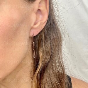 14K Gold Thin Paperclip Earrings, Paperclip Link Earrings, Drop Earrings, Dangle Earrings, Real Gold Earrings, 40 x 2.6mm, Women