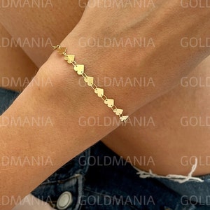 14K Yellow Gold Heart Mirror Link Chain Bracelet For Women, 7" Inch, 5mm Thick, Real Gold Bracelet, Lightweight Bracelet