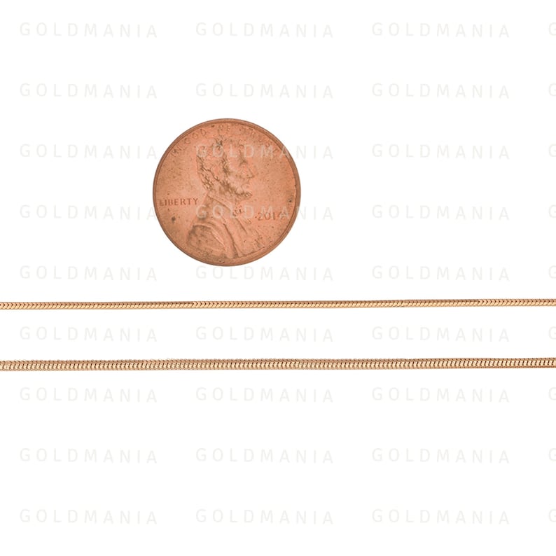 May include: A gold snake chain necklace with a shiny finish. The chain is shown next to a US penny for size comparison.