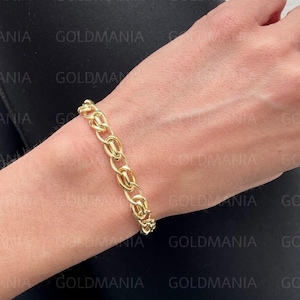 14K Yellow Gold Interlocking Oval Link Chain Bracelet, 7.50&quot;, 7 mm Thick, Real Gold Bracelet, Polished And Textured Links, Women Bracelet