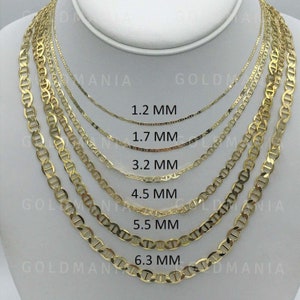 14K Solid Yellow Gold Mariner Link Chain Necklace, 16-30&quot;, 1.2mm 1.7mm  3.2mm 4.5mm 5.5mm 6.3mm Thick, Real Gold Chain, Women