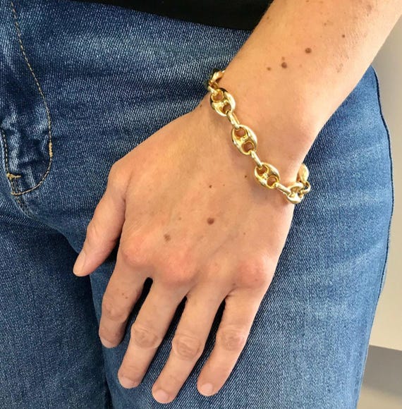 14K Yellow Gold Puffed Mariner Link Chain Bracelet: 4.7mm, 7mm