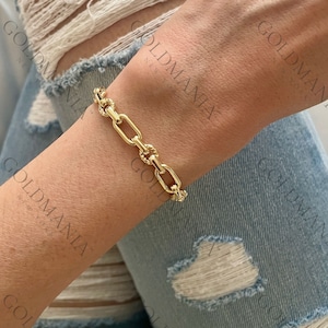 14K Yellow Gold Oval And Round Link Chain Bracelet, 7.5&quot; Inch, 6.3mm Thick, Real Gold Bracelet, Polished And Textured Links, Women