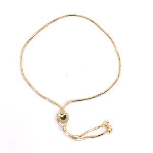 14K Yellow Gold Heart Snake Friendship Bracelet, 9.25&quot; Inch Adjustable, Real Gold Bracelet, Drawstring Bracelet, Heart Charm Bracelet, Women