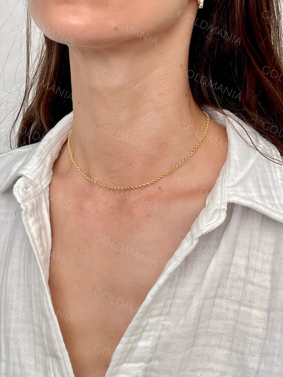 14K Yellow Gold Round Link 14 Inch Choker Necklace 2.4mm Thick