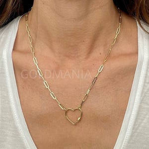 14K Yellow Gold Heart Pendant Paperclip Necklace, 18&quot; Inch, Real Gold Chain For Women, Charm Holder Necklace, Ring Holder, Chain Connector