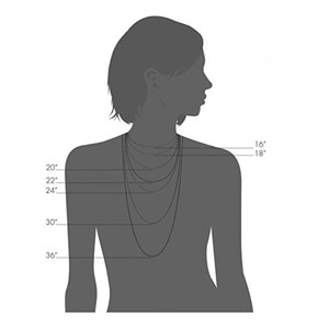 Op de afbeelding: Een diagram dat verschillende kettinglengtes laat zien op een silhouet van een persoon. De lengtes zijn 16 inch, 18 inch, 20 inch, 22 inch, 24 inch, 30 inch en 36 inch.