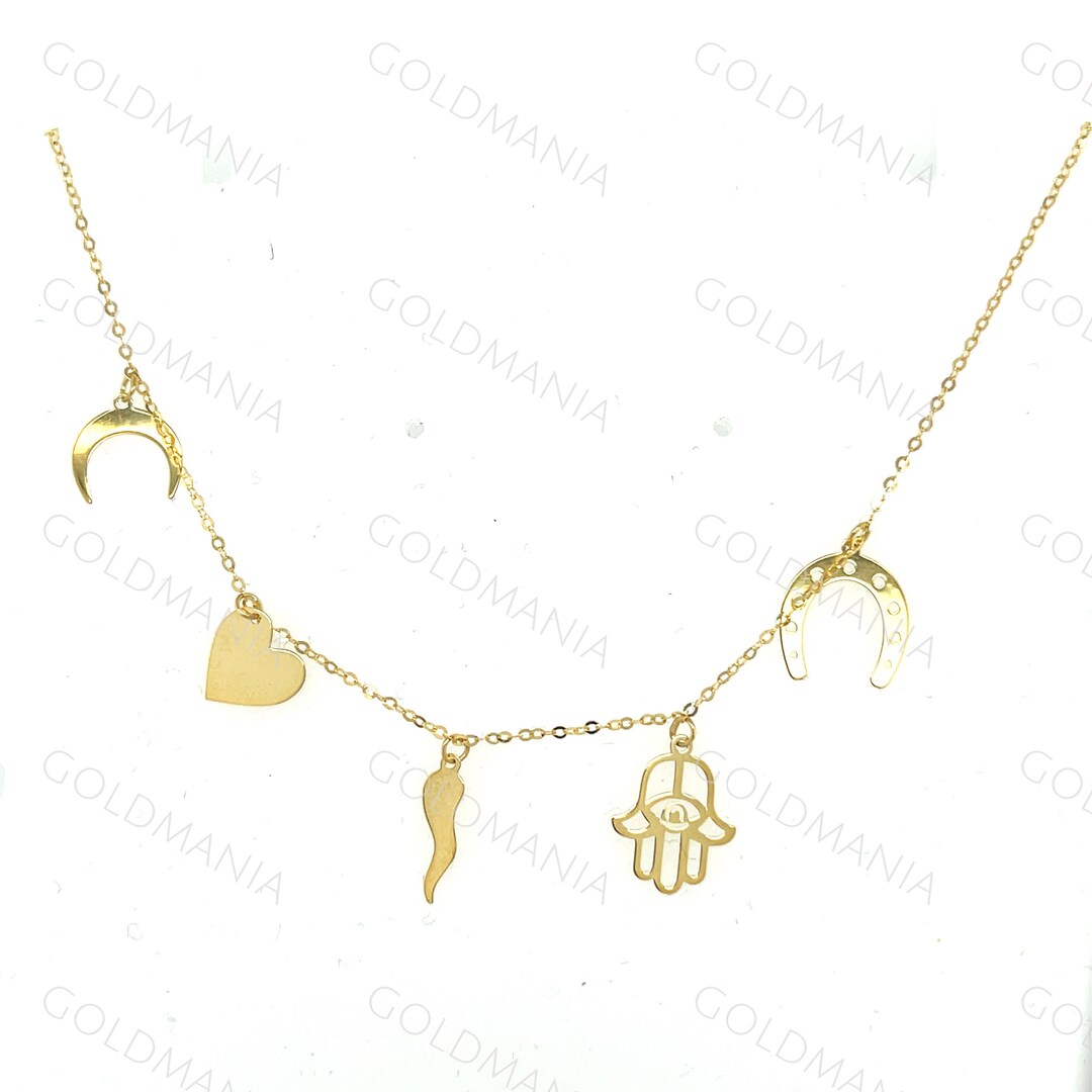 14K Yellow Gold Multi Charm Chain Necklace 18 Real Etsy
