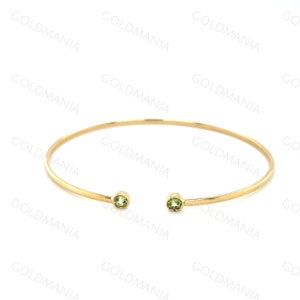 14K Yellow Gold 3mm Round Peridot Open Cuff Bangle Bracelet, Real Gold Bangle, Women