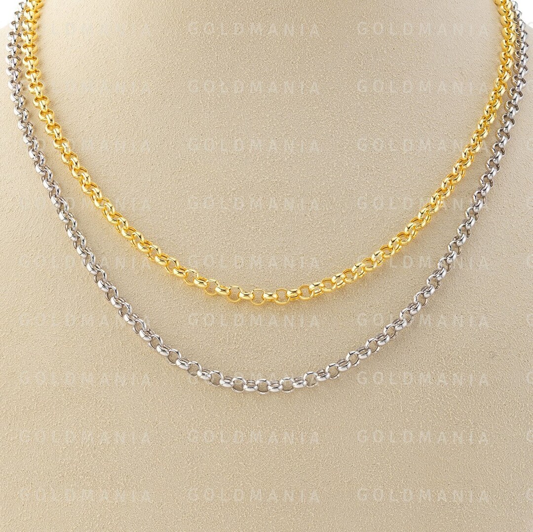 14K Gold Rolo Chain Necklace, 16 To 24 Inch, 3.8mm Thick, White