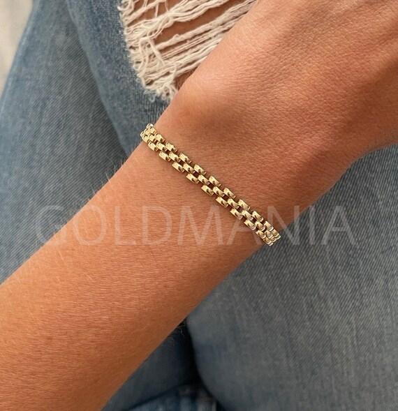 14K Yellow Gold Panther Link Bracelet 7 Inch 4mm Thick Real