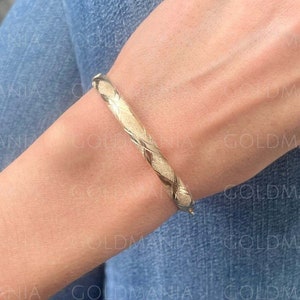 10K Yellow Gold Bangle Bracelet, Polished And Textured, X Pattern, 6mm Thick, 7" 8" Inch, Stackable Bangle, Real Gold Bracelet, Women