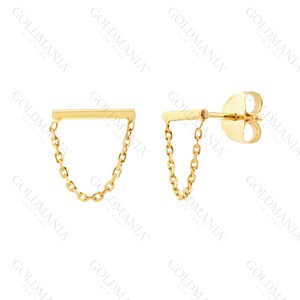 14K Gold Bar Chain Drape Earrings, Chain Earrings, Small 14K Earrings, Real Gold Earrings, 14K Yellow White Rose Gold, Women 14K Earrings