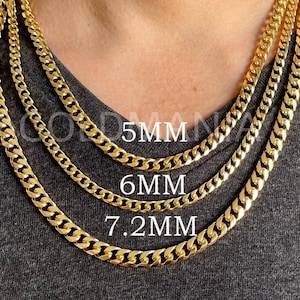 14K Solid Gold Miami Cuban Chain Necklace, 20&quot; 22&quot; 24&quot; 30&quot; Inch, 5mm 6mm 7.2mm Thick, Real Gold Necklace, Men Women, Solid Links