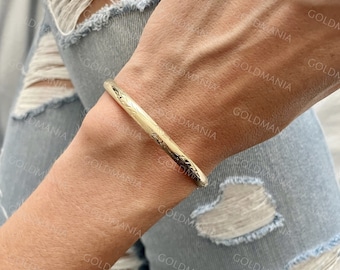 10K Yellow Gold Textured Bangle Bracelet, 5mm Thick, 7 Inch, Real Gold Bracelet, Floral Pattern, Stackable, Women