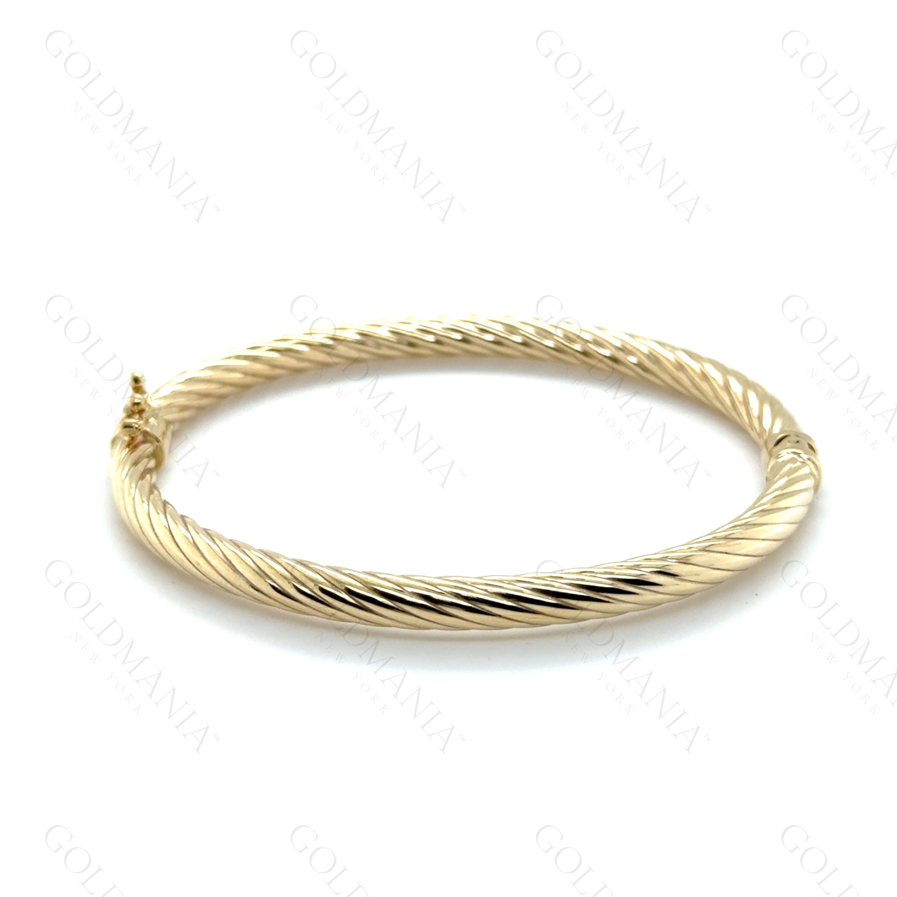 14K Yellow Gold Twisted Bangle Bracelet: 5mm Rope Design, Hinged