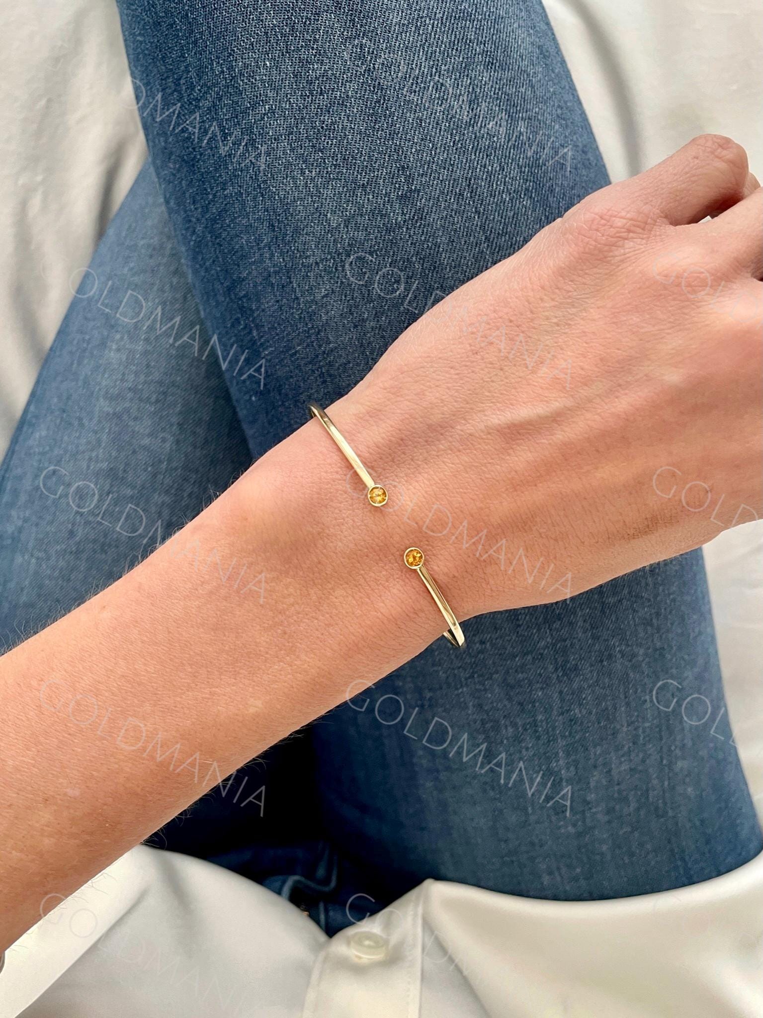 14K Gold Citrine Cuff Bangle, Real Gold Bracelet for Women, 3mm Bezel Set Citrine, Natural Birthday Stone, Open Ended Slip-on Bangle