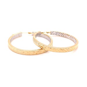 14K Two Tone Gold Hoop Earrings, Textured Hoops, Real Gold Hoops, Diamond Cut Hoops, Yellow White Gold, For Women, 25mm 30mm, 3mm Thick,