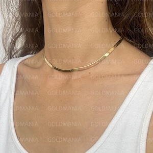 14K Solid Yellow Gold Herringbone Choker Necklace 4mm Thick, 14&quot; Inch, Real Gold Chain, Liquid Gold Necklace, Flexible Chain, Women
