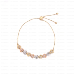 14K Tricolor Gold Heart Friendship Bracelet: 9.25&quot; Adjustable