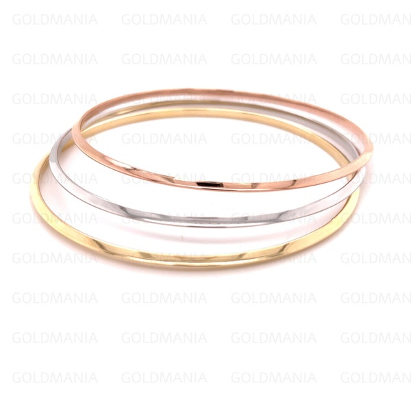 14K Gold Stackable Bangle Bracelets, 8" Inch,  3mm Thick, 14K Rose White Yellow Gold, Real Gold Bangles, Women