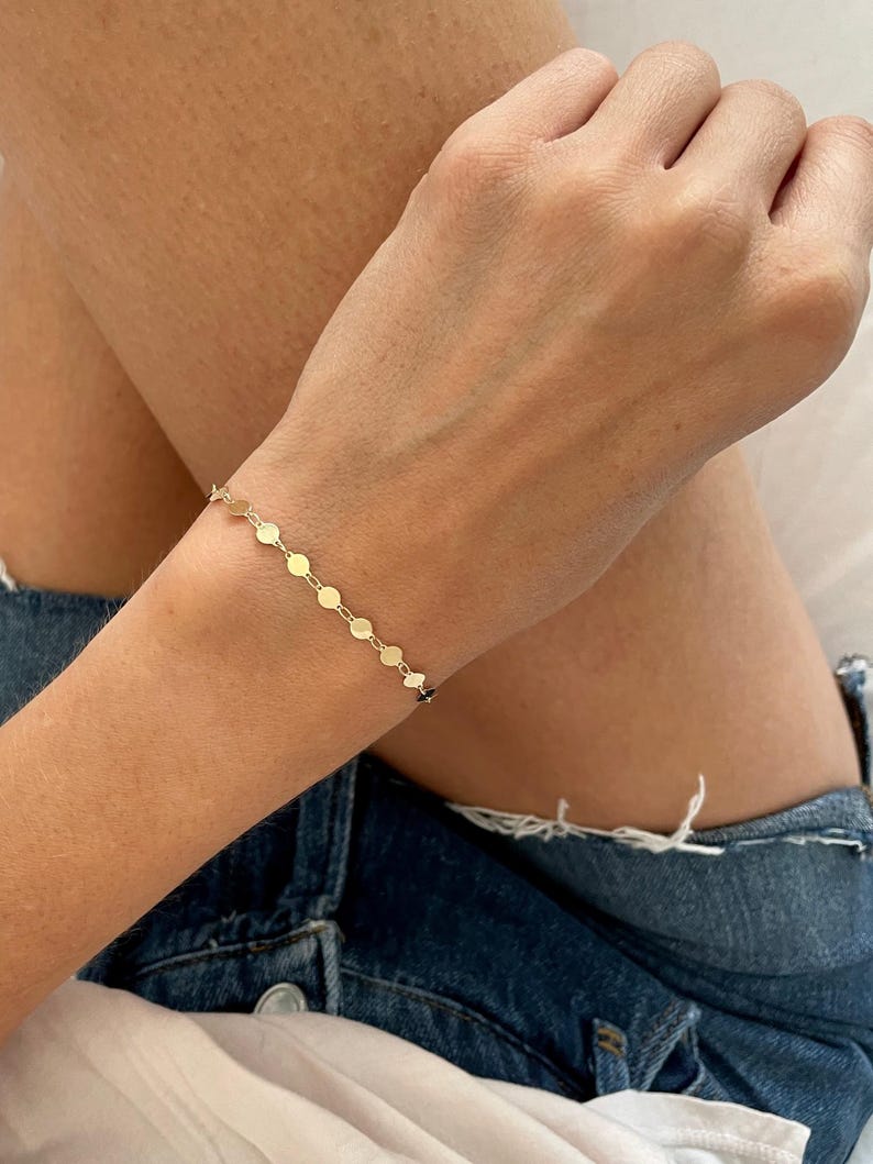 14K Yellow Gold Round Mirror Link Chain Bracelet, 7" Real Gold Bracelet image 3