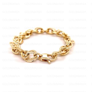 14K Yellow Gold Double Link Chain Bracelet, Real Chunky Gold Bracelet For Women, Round Links, 8&quot; Inch, 12mm Thick