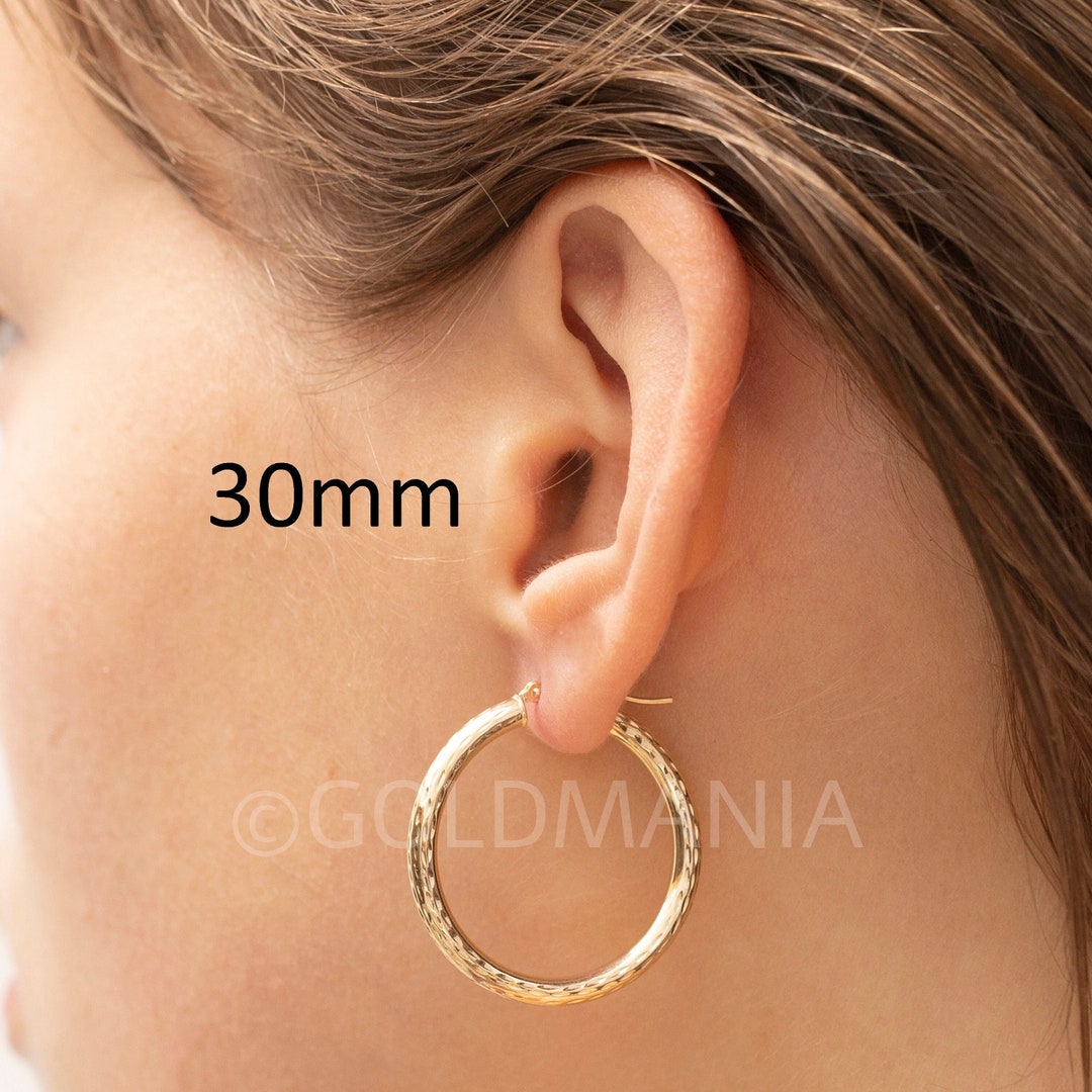 Hoop Earrings 14K Gold, 3mm Thick, 20mm 25mm 30mm, Real Gold Hoops