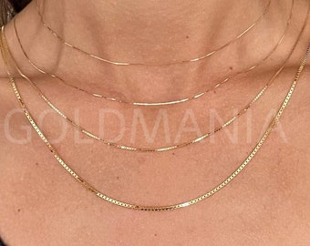 18K Solid Yellow Gold Box Chain Necklace: 0.6mm-1.4mm, 16-24"