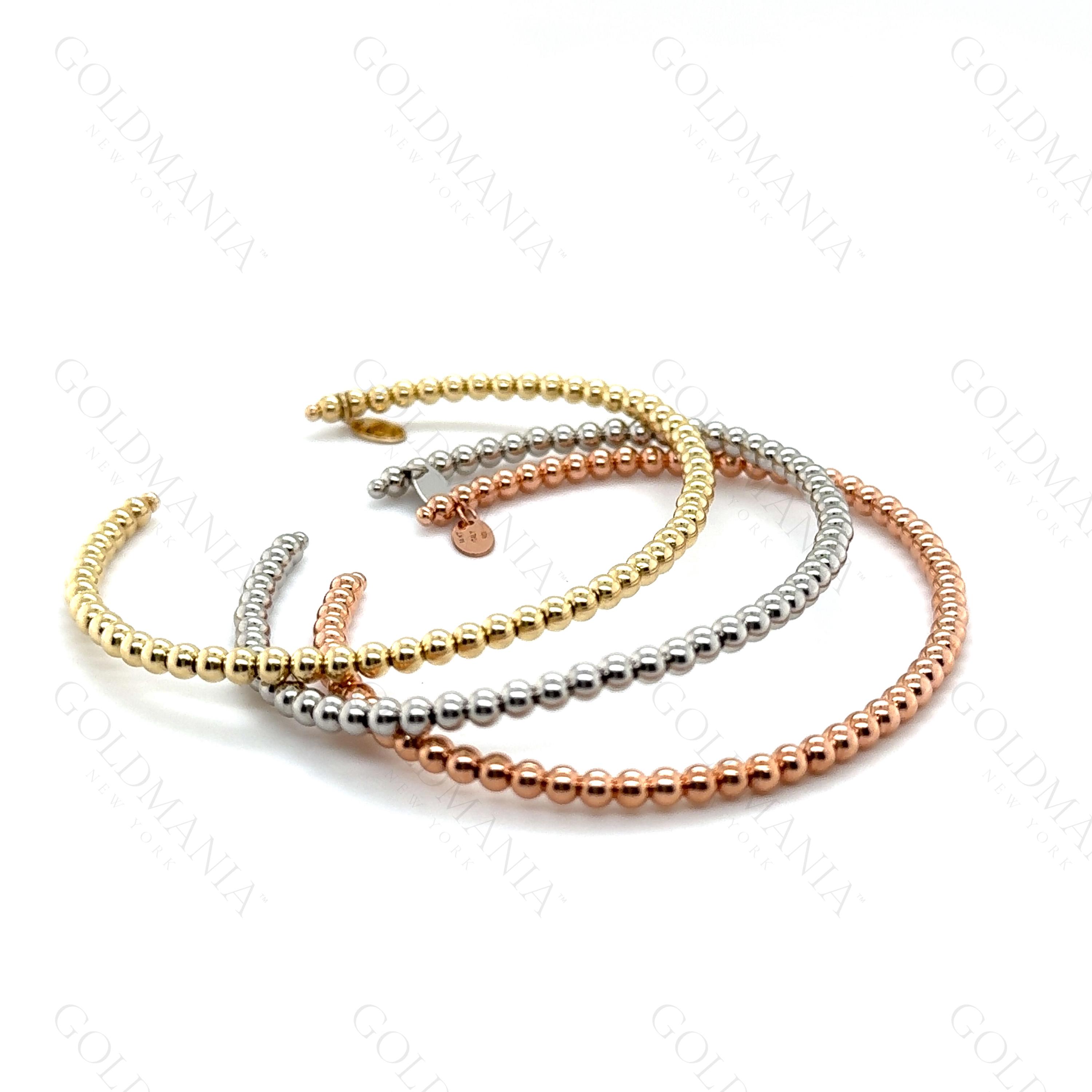 14K Gold Dainty Beaded Cuff Bangle, Real Gold Bracelet ffor Women, Yellow White or Rose Gold, Thin Open Ended Bangle, Jewelry Gift For Her