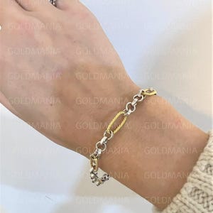 14K Two Tone Gold Bracelet, Textured And Polished Links, 7.50" Inch, Real Gold Bracelet, Women Gold Bracelet