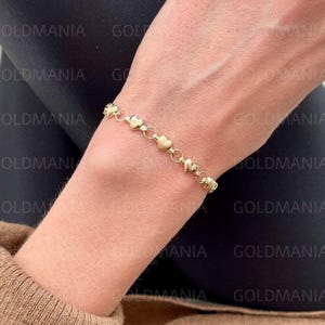 14K Gold Heart Link Chain Bracelet, 7&quot; Inch, Polished And Satin Links, Real Gold Bracelet, Women Gold Bracelet