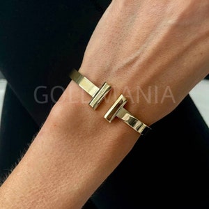 14K Yellow Gold Bar Cuff Bangle Bracelet, 6mm Thick, Real Gold Bracelet, Polished Gold, Women