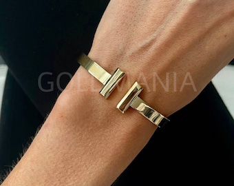 14K Yellow Gold Bar Cuff Bangle Bracelet, 6mm Thick, Real Gold Bracelet, Polished Gold, Women