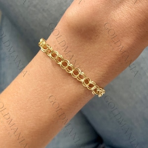 14K Gold Charm Bracelet, Double Link Bracelet, Real Gold Bracelet, 7.25&quot; 8&quot; Inch, Women