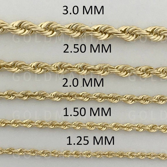 14K Solid Yellow Gold Rope Chain Necklace, 16 to 30 Inch, 1.25mm to 3mm  Thick, Real Gold Chain, Twist Rope Chain, Women Men 