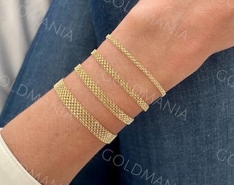 14K Yellow Gold Bismark Bracelet, 7.25&quot; Inch, 2.5 mm 3.5 mm 4.7 mm 7 mm Thick, Real Gold Bracelet, Women Gold Bracelet, Flat Bracelet