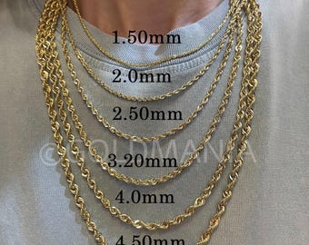 10K Yellow Gold  Rope Chain Necklace, Diamond Cut Chain, 16-24”, 1.5mm To 4.5mm Thick, Real Gold Chain, Twisted Rope Chain, Women Gold Chain