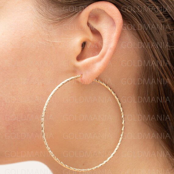 14K Yellow Gold Textured Hoop Earrings 60mm 2mm Thick Real Gold