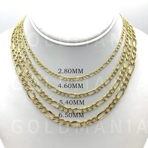 10K Yellow Gold Figaro Link Chain Necklace, 18&quot; 20&quot; 24&quot; Inch, 2.8mm 4.6mm 5.4mm 6.5mm Thick, Real Gold Chain, For Women, Hollow Gold Chain