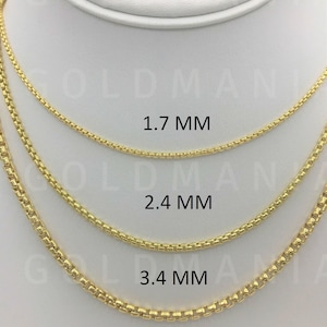 14K Solid Gold Round Box Link Chain Necklace, 16&quot; 18&quot; 20&quot; 22&quot; 24&quot;, 1.7mm 2.4mm 3.4mm Thick, Real Gold Chain, Women Men, Rounded Box Chain