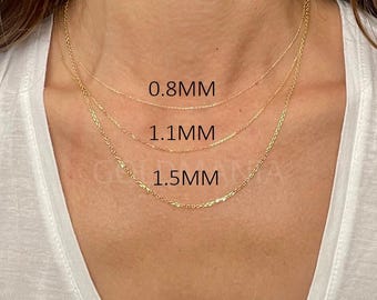 14K Solid Gold Cable Chain Necklace: Diamond Cut Thin Gold (20 Inch)