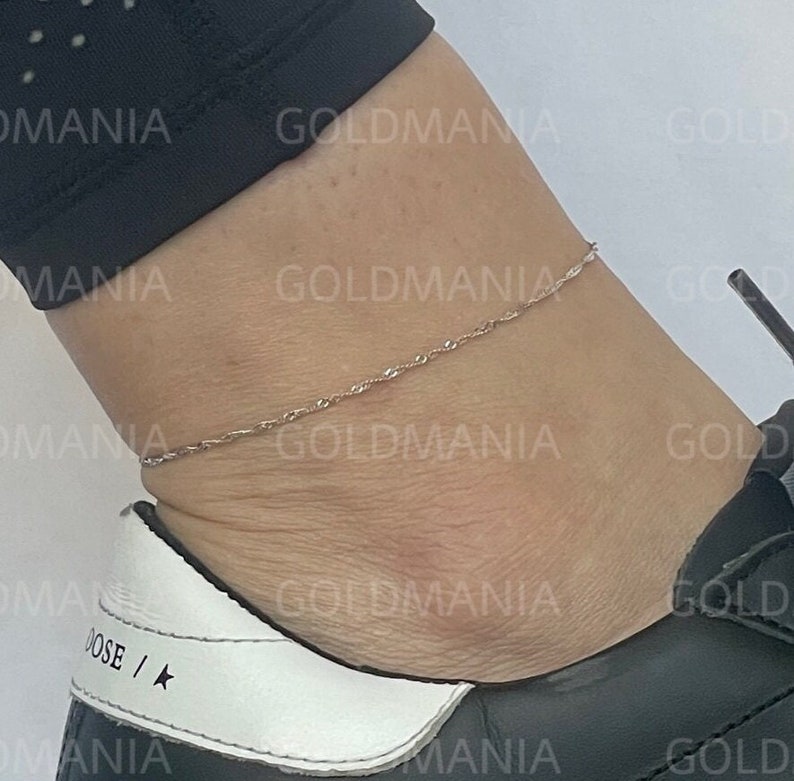 Tobillera de Singapur de oro blanco macizo de 10 quilates: cadena fina de 25 cm (10 pulgadas). imagen 2